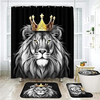 ArtSocket Black Bathroom Set with Shower Curtain and Rugs and Accessories, Gold Grey Lion African American Shower Curtain, Lion Bathroom Decor 4 Pcs
