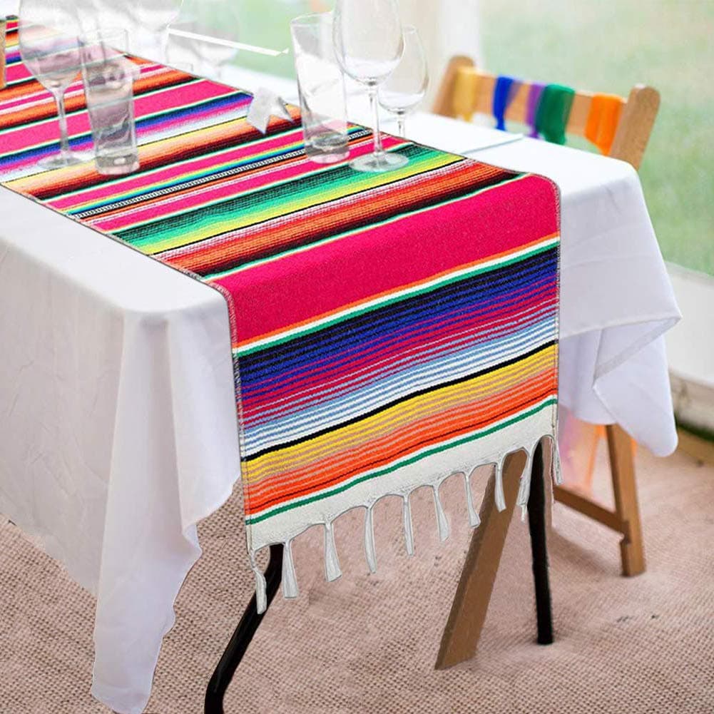 Mexican Table Runner 14 x 84 Inch Mexican Serape Table Runner for Mexican Party Wedding Decorations, Fringe Cotton Table Runner