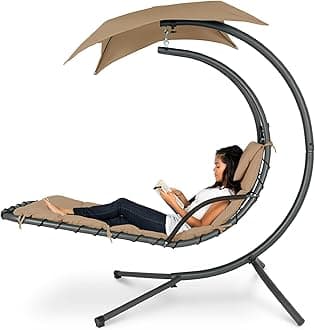 Best Choice Products Outdoor Hanging Curved Steel Chaise Lounge Chair Swing w/Built-in Pillow and Removable Canopy - Tan