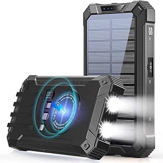 GOODaaa Power Bank Wireless Charger 36000mAh Built in 4 Cables Six Outputs 15W Fast Charging Power Bank for All Mobile Devices Three Inputs Solar Portable Charger with Dual Flashlights, CarabinerGlobal Recycled StandardGlobal Recycled StandardGlobal Recycled Standard