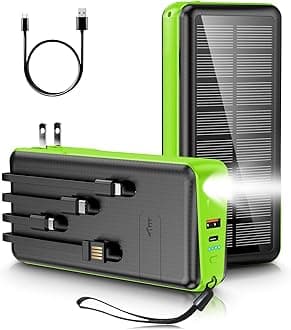 Portable Charger with Built in Cable and Wall Plug 30000mAh 22.5W Fast Charging Solar Power Bank with 5 Output & 2 Input Dual LED Flashlights Phone Holder External Battery Pack (Green)