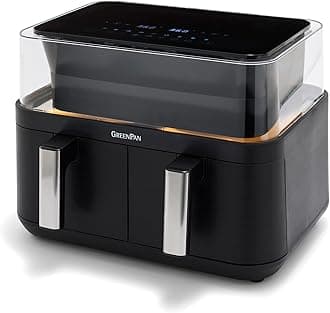 Clearview 10QT Double Air Fryer, 360° Clear Window, PFAS-Free Ceramic Nonstick 5QT Drawers & Trays, Dual Cooking, 12-Presets, Shake Reminder, Keep Warm, Dishwasher Safe Parts