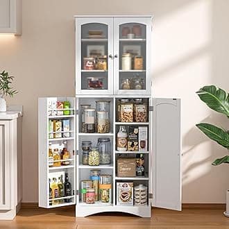 Gizoon 64" Kitchen Pantry Cabinet, Tall Storage Cabinet with Glass Doors and Adjustable Shelves, Freestanding Floor Cabinet Cupboard for Kitchen, Living Room, Dining Room (White)