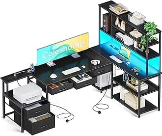 Coleshome L Shaped Corner Desk with Drawers, Reversible Home Office Computer Desk with Storages & Shelves, Gaming Table with LED Lights & Power Outlets Black, 200 × 110 cm