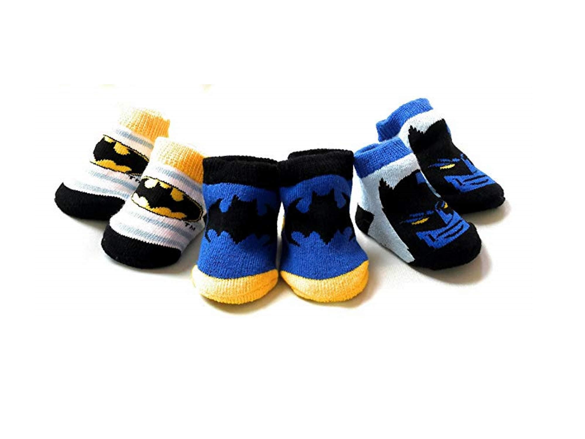 DC Comics Batman Baby Booties Set, 3-Pack, 0-6 Months, Blue, Black, White, Yellow
