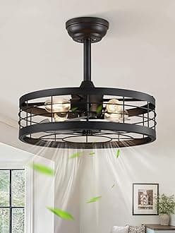 LEDIARY 18 inch Black Caged Ceiling Fan with Light, Bladeless Industrial Ceiling Fan with Remote, Farmhouse Fan Lights Ceiling Fixtures for Kitchen, Bedroom, Outdoor（6 Speed, Timing）-Black