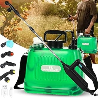 Battery Powered Sprayer 2 Gallon, Upgrade Powerful Electric Garden Sprayer with 4 Mist Nozzles, Adjustable Shoulder Strap, Rechargeable Handle and 32in Telescopic Wand for Lawn, Garden, Clean (Green)