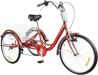 24 Inch Adult Tricycle with Light - 6-Speed Adjustable, 264lbs Load Capacity, Adjustable Seat & Handlebars, Large Rear Basket - Tricycle for Shopping, Picnics & Outdoor Activities, Red
