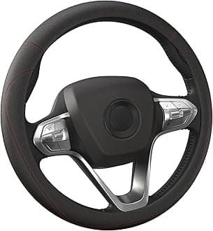 HOTOR Car Steering Wheel Cover - Universal Car Accessory for Diverse Cars, Durable Leather Cover with Anti-Slip Lining, for Steering Wheel with a Diameter of 14.5"-15", Black with Red line