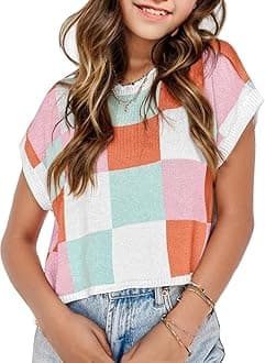 Girls Spring Crop Tops 2026 Summer Sweaters Cute Cap Sleeve Colorblock Loose Teen Top School Picture Outfits