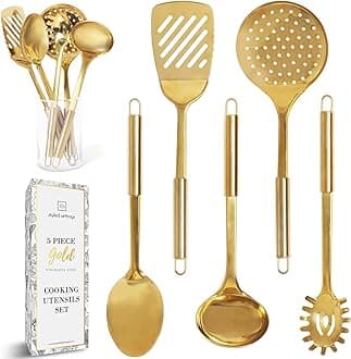 Gold Cooking Utensils Set – 5-Piece Stainless Steel Kitchen Tools for Modern Cooking and Serving – Dishwasher Safe Ladle, Spoon, Spatula, Pasta Fork, Luxury Brass Kitchen Accessories for Home Chefs