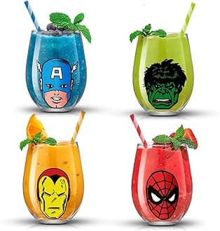 Marvel Heroes Stemless Drinking Glasses, 19oz Superhero Cups ft Hulk Captain America Spiderman and Iron Man, Avengers Glassware Set of 4, Marvel Gifts for Men and Women
