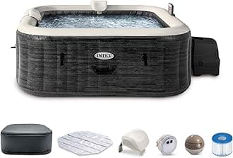 INTEX PureSpa Greystone Deluxe 6 Person Square Inflatable Hot Tub, Bubble Massage Spa Set with Energy Efficient Cover, 2 Headrests, & LED Light, 77 in x 28 in