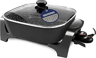 Elite Gourmet EG6201 Extra Deep 12"x12"x3.2" (7.5Qt.) Scratch Resistant Dishwasher Safe, Non-stick Electric Skillet with Glass Vented Lid, Adjustable Temperature, Black
