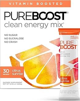 Pureboost Clean Energy Booster, Refreshing Energy Drink Mix with B12 Vitamins, Electrolytes, Antioxidants, Sugar-Free with No Sucralose (Citrus Sunrise, 30 Count)