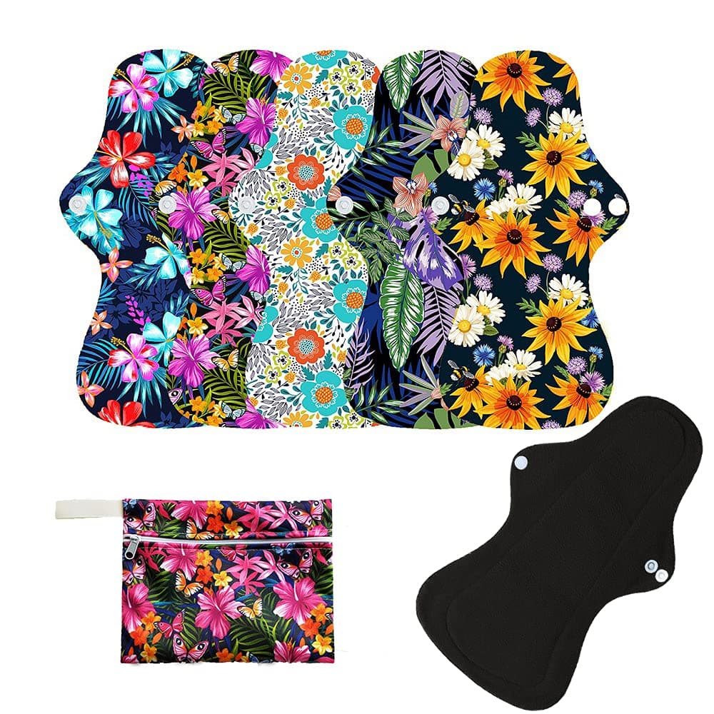 6Pcs Resuable Waterproof Menstrual Pad Sets Including 5Pcs Heavy Flow Menstrual Pads Mama Cloth Sanitary Napkins + 1Pc Mini Wet Bag