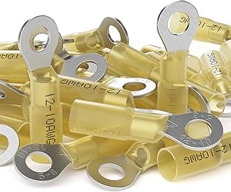 12-10 AWG - 1/4" Heat Shrink Ring Terminals, Copper Terminal Connector Ends, Battery Cable End Lugs, Yellow Insulated Electrical Crimp Wiring Connectors, Wire Lug for 12, 10 Gauge Wires, 50 PCS