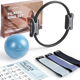 LIONSCOOL Pilates Ring Set - Premium14”Magic Circle with Dual Padded Handles - Includes Pilates Mini Ball & Highly Elastic Resistance Bands & Workout Guide & Bag