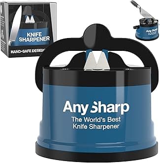 Editions – Hands Free Knife Sharpener - Easy to Use Sharpening Tool with PowerGrip Suction Base and 20-Degree Pre-Set Angle - for All Knives: Chef's, Serrated, and Hardened Steel - Blue