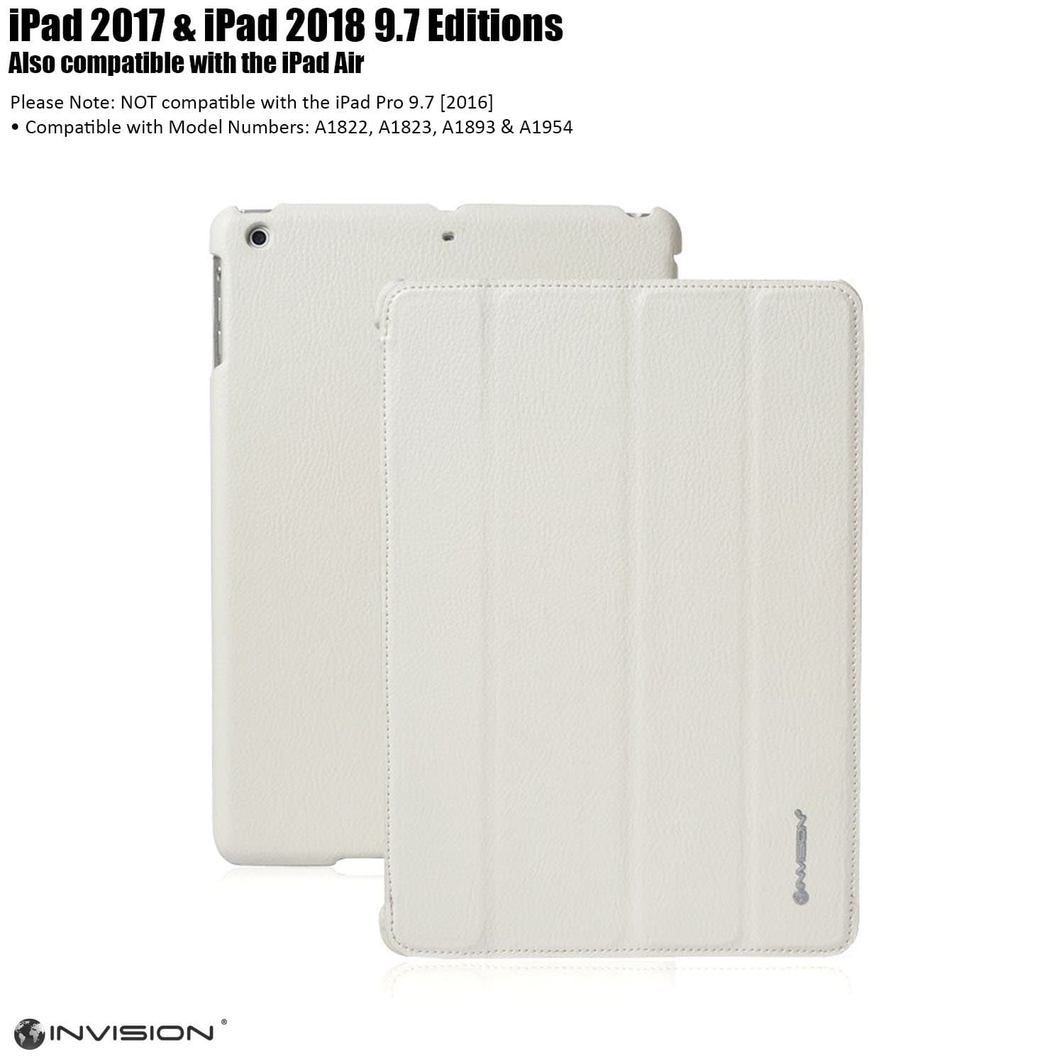 Invision iPad Case 9.7 inch 2018/2017 Protective Smart Cover with Triple-Layer Protection & Reinforced Impact Zones - Quality PU Leather Finish & Microfibre Inner - Auto Sleep/Wake Function White…