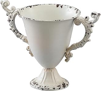 SOFE Farmhouse Urn Vases for Home Decor, Shabby Chic White 8 Inch Metal Flower Vase, Vintage Vases for Table Centerpieces, Trumpet Vase for Kitchen, Entryway, Dining Room