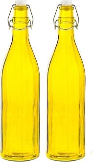 Machak Colhexa Glass Bottles With Cork 1litre, Kitchen Decoration (Yellow, 2 Pcs)