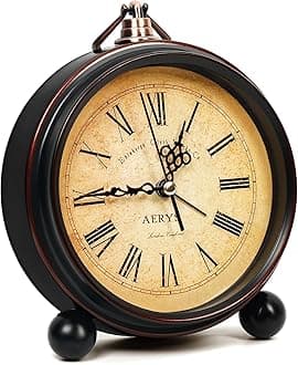 AERYS Classic Vintage Alarm Clock, Roman Number Dial, Silent Quartz Non-Ticking, Antique Style Metal Table Clock for Bedroom, Office & Home Decoration