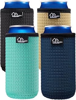 12oz Slim Can Sleeves Insulators Tall Can Kooize Neoprene Slim Can Covers 12OZ Beer Bottle Sleeves Coolers Non-slip Neoprene Can Cooler Sleeves 4PC Pack(Black/Cool Mint/Dark blue/Khaki)