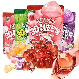 3D Peelable Crystal Fruit Gummy Candy, 50% Real Juice Content Fudge Candies in Lychee, Peach, Grape Flavors,Asian Casual Snacks Desserts, Vegan, 0 Fat - (75g/4pcs-10.58oz)