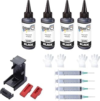 Refill Kit with Suction Tool Combo Pack of High Yield Inkjet Cartridge Ink Refill Compatible for HP and Canon Cartridge Printers - 80ml Per Bottle (4 Black+4 Syringe 1 Suction Tools)
