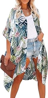 Moss Rose Women's Beach Cover up Swimsuit Kimono Cardigan with Bohemian Floral Print - white - One Size