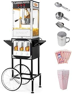 Popcorn Machine Cart with Candy Dispenser, 8 Oz Kettle Makes Up to 32 Cups ETL, Vintage Popcorn Maker w/Scoop, Oil Spoon, Bags & Cups, Movie Theater Style Popper for Commercial Home, Black