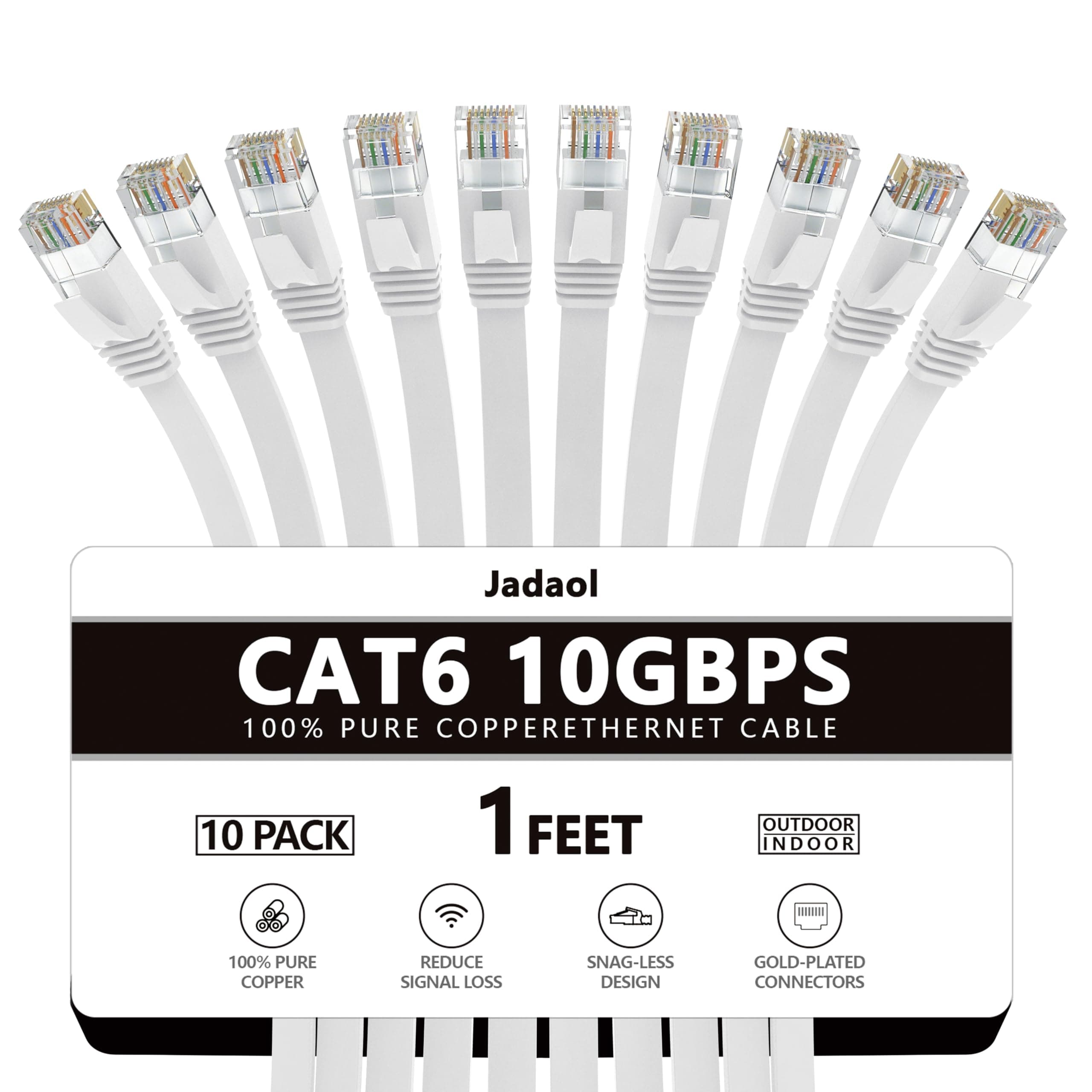 Jadaol Cat 6 Ethernet Cable 1 ft 10Pack, 10Gbps Support Cat8 Cat7 Network, Flat High Speed LAN Internet Patch Cables, Short Ethernet Cables for Router, Modem, Switch, PC, Laptop, Gaming Console, White