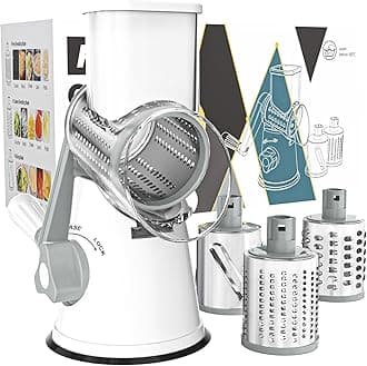 Cambom Rotary Cheese Grater Hand Crank Cheese Shredder for Fresh Cheese, Vegetable, Nuts,Non-slip Suction Base, Free Cleaning Brush Three Blades, White