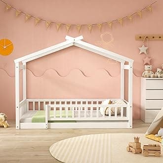 Bellemave Twin Size House Bed Frame, House Beds for Kids, Montessori Floor Bed with Fence, Playhouse for Kids, White