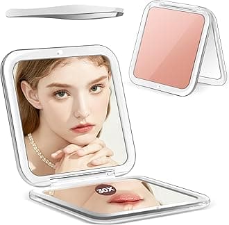 MIYADIVA Compact Mirror, 30X Magnifying Mirror, Pocket Mirror for Purse, Travel Makeup Mirror with 30X/1X Magnification, Travel Essentials Mirror, Precision Tweezers, for Women Rose
