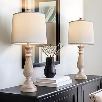 PORTRES 24.5" Mid Century Table Lamp Set of 2 for Living Room Farmhouse Linen Bedside Lamps for Bedroom Kids Room Dorm Office Rustic Lamps for End Table Nigntstand Resin