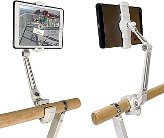Tablet Holder with Round Clamp Clamps to 1.25" - 1.75" Barre | Sturdy Metal, Stable Base | Adjusts Firmly and Securely | Compatible iPad Mini/Most Phones/Small Tablets