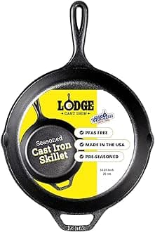 Lodge Pre-Seasoned Cast Iron Skillet for Indoor and Outdoor Use. Induction Frying Pan. Oven, Grill and Metal Utensil Safe Skillet Frying Pan with Pouring Lips. Made in The USA. 26 cm/10.25 inch