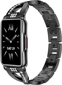 Luxury Black Fitness Tracker Smart Bracelet for Women Stylish Beautiful Diamond Ladies Smart Watch with Pedometer Sleep Message Notification Stainless Steel 1.47" Full Touch Screen