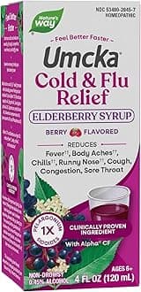 Nature's Way Umcka Cold & Flu Relief Elderberry Syrup, Non-Drowsy Homeopathic Cold and Flu* Relief for Sore Throat, Cough, Congestion, Fever*, Body Aches*, Berry Flavored, 4 Fl Oz (Packaging May Vary)