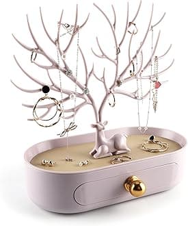MORE&LESS Antlers Jewelry Display Stand with Aluminium alloy handle, Tree Tower Rack Hanging Organizer for Ring Earrings Necklace Bracelet, Deer Horn Tree Stand with Storage Drawer and Tray