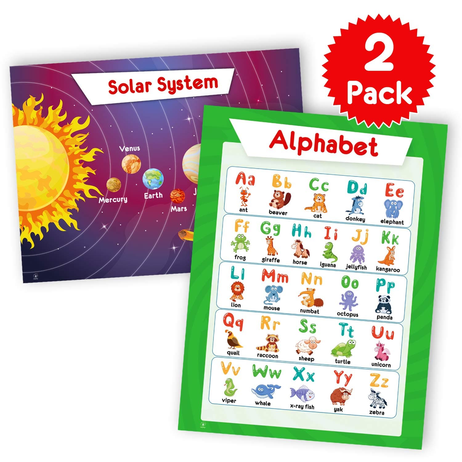 2 Pack - Alphabet ABC Poster Chart & Solar System Poster Chart Map - Planets for Kids, Educational Posters for Toddlers Wall, Homeschool Kindergarten Supplies, LAMINATED, 18x24