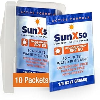 Sun X 50 Travel Sunscreen Packets (0.25 Fl Oz.) with Carrying Case – Pack of 10 SPF 50 Paraben, Oxybenzone, & White Cast Free Travel Size Sunscreen Packets – Water & Sweat Resistant Up To 80 Minutes
