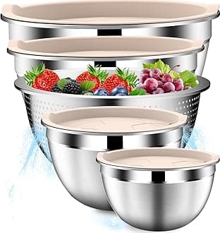 DUTZUN Stainles Steel Mixing Bowls with Lids Set, Stackable Metal Mixing & Serving Bowl with Strainer, 5-Piece - Beige
