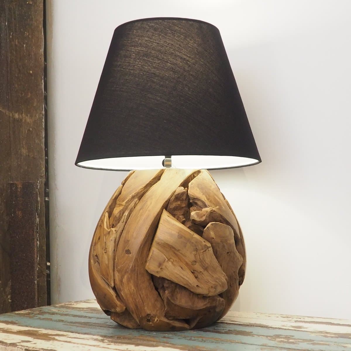 Wooden Table Lamp - Unique Rustic Style - Bedroom Hallway Lighting - Includes Black Shade