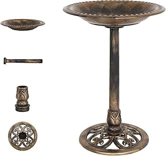 VINGLI Pedestal Bird Bath 28 Inch Antique Copper Resin Birdbaths Weather Resistant Floral Accents and Vintage Finish Garden Decor for Outdoor Lightweight Courtyard…