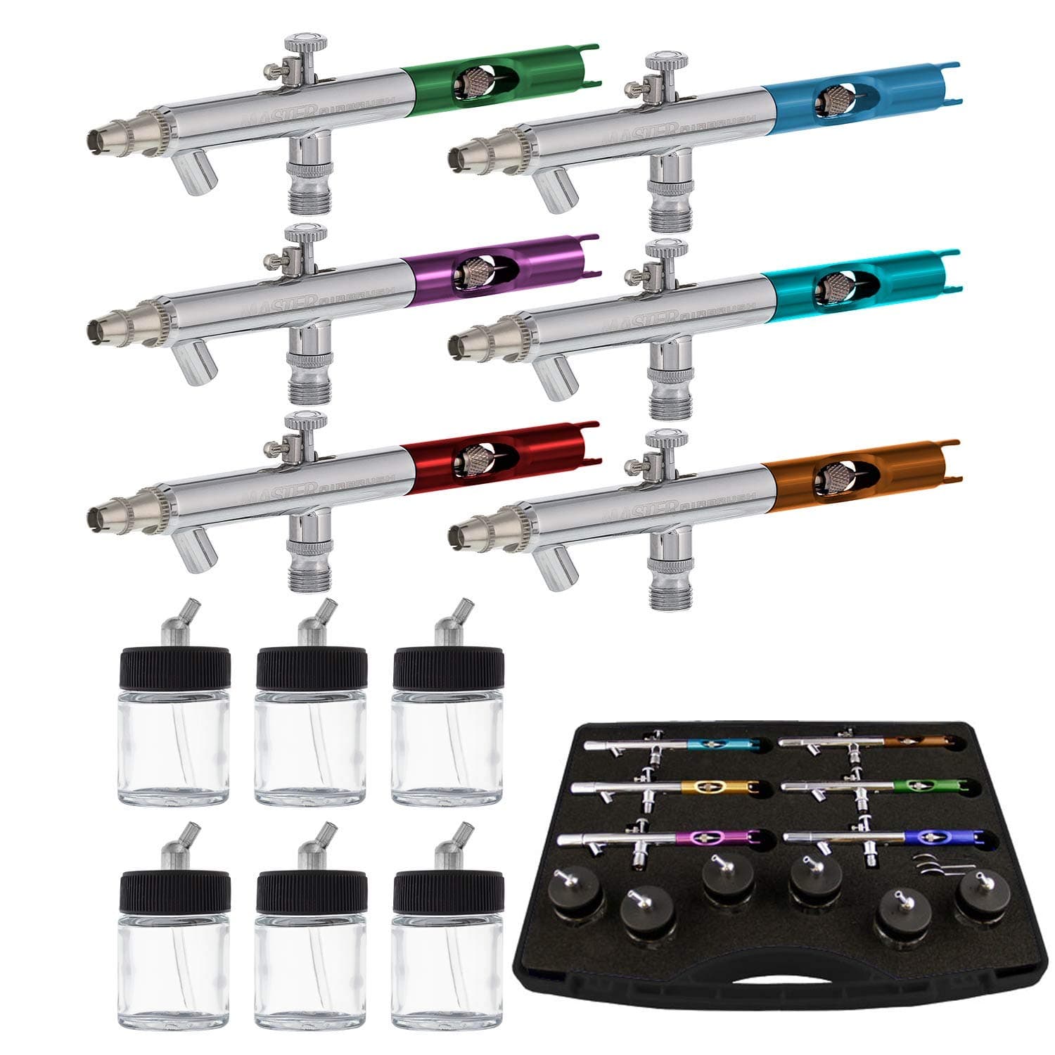 Master AirbrushPerformance S58 Dual-Action Siphon Feed with 0.35 mm Tips, 3/4 oz. Bottles, Color Coated Cutaway Handles & Storage Case