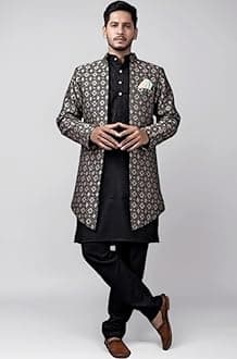 Amzira Men's Woven Printed Cotton Jacuqard Kurta Pajama Jacket with Long Sleeve Hip Length and Pull On Closure Type Jacket