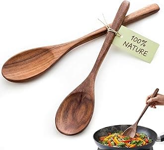 HANSGO Wooden Spoons for Cooking, 2PCS Acacia Wood Kitchen Utensil, 12Inch Wood Serving Spoons for Nonstick Pans, Comfort Grip, Durable, Heat Resistant, Kitchen Gifts for Women, Cooking Gifts for Men